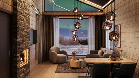 Wohn- und Essbereich mit Kamin, Panorama-Lodge 