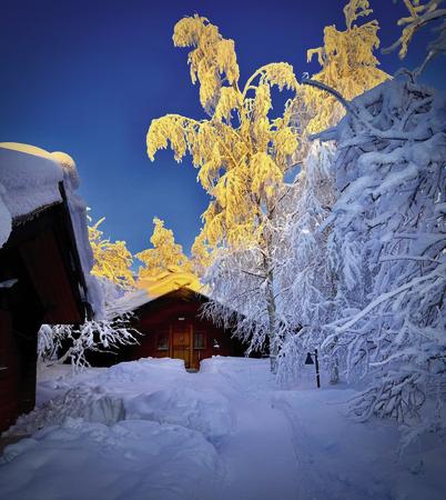 Blockhütten im verschneiten Winterwald