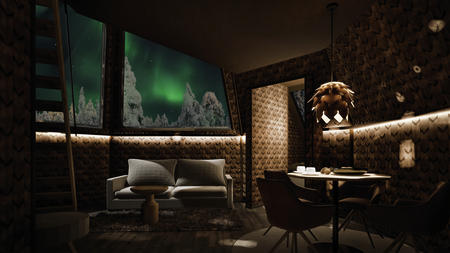 Angeschlossen an den Wohn- und Essbereich befindet sich ein weiterer Schlafbereich, zweistöckige Glasdachhütte mit zwei Schlafbereichen