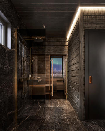 Badezimmer und Sauna, Panorama-Lodge 
