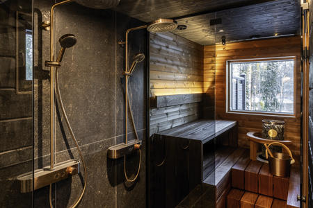 Badezimmer und Sauna, Panorama-Lodge