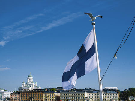 M�we auf der Finnlandflagge vor dem Dom in Helsinki