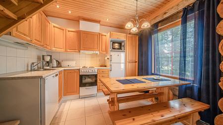 Wohnküche im Blockbohlen-Apartment (42 m²) mit 1 Schlafzimmer