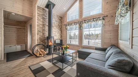 Wohnbereich mit Kamin im modernen Ferienhaus