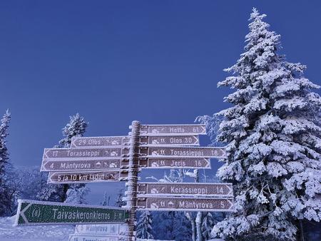 Wegweiser für Wanderer vor dem Lapland Hotel Pallas