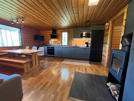 Offene Wohnküche mit Kamin, Blockhaushälfte 