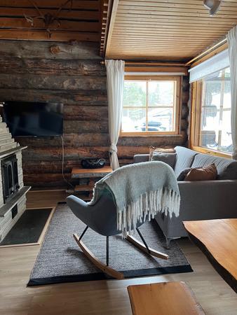 Gemütlicher Wohnbereich am Kamin, Blockbohlen-Apartment