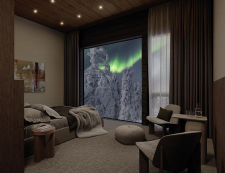 In den Premium Doppelzimmern ermöglichen die bodentiefen Panormafenster einen herrlichen Blick auf die Schneelandschaft