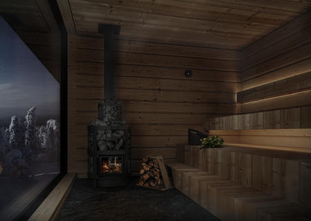 Sauna mit Panoramablick auf den Winterwald