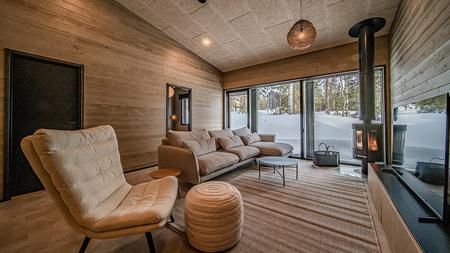 Wohnzimmer mit Kamin im modernen Ferienhauses mit Panoramafenstern (104 m²) mit 4 Schlafzimmern