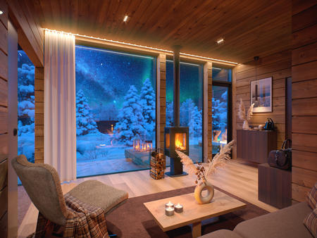 Wohnbereich mit Kamin, Deluxe-Suite mit Panoramafenstern