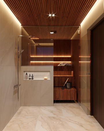 Badezimmer und Sauna, Deluxe-Doppelzimmer mit Panoramafenstern