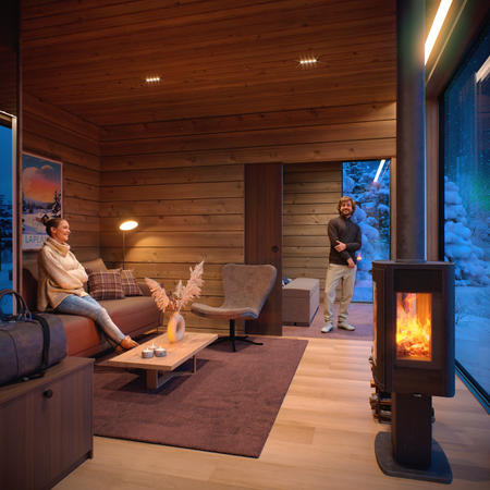 Wohnbereich mit Kamin, Deluxe-Suite mit Panoramafenstern