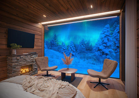 Ausblick vom Bett aus, Deluxe-Doppelzimmer mit Panoramafenstern