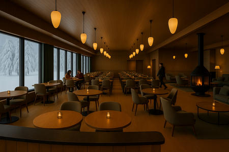 Kieppi Kitchen & Bar mit Ausblick auf die Winterlandschaft