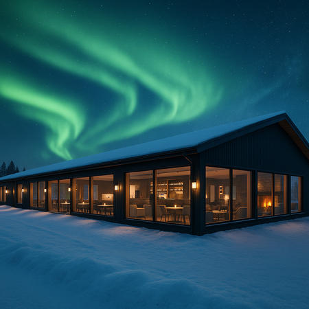 Restaurant mit Panoramafenstern von außen