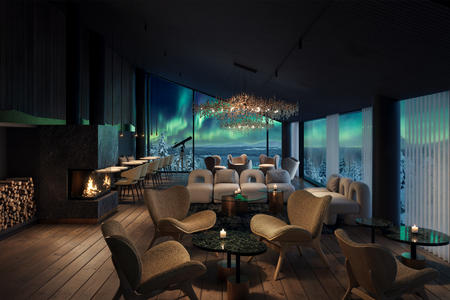 Elegante Bar mit Panoramaausblick auf die Winterlandschaft