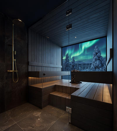 Sauna und Dusche, Luxus-Villa mit Sauna und Außenwhirlpool