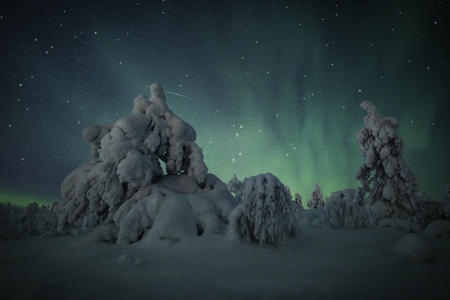 Polarlichter und Sternenhimmel über der verschneiten Landschaft (c) Visit Levi
